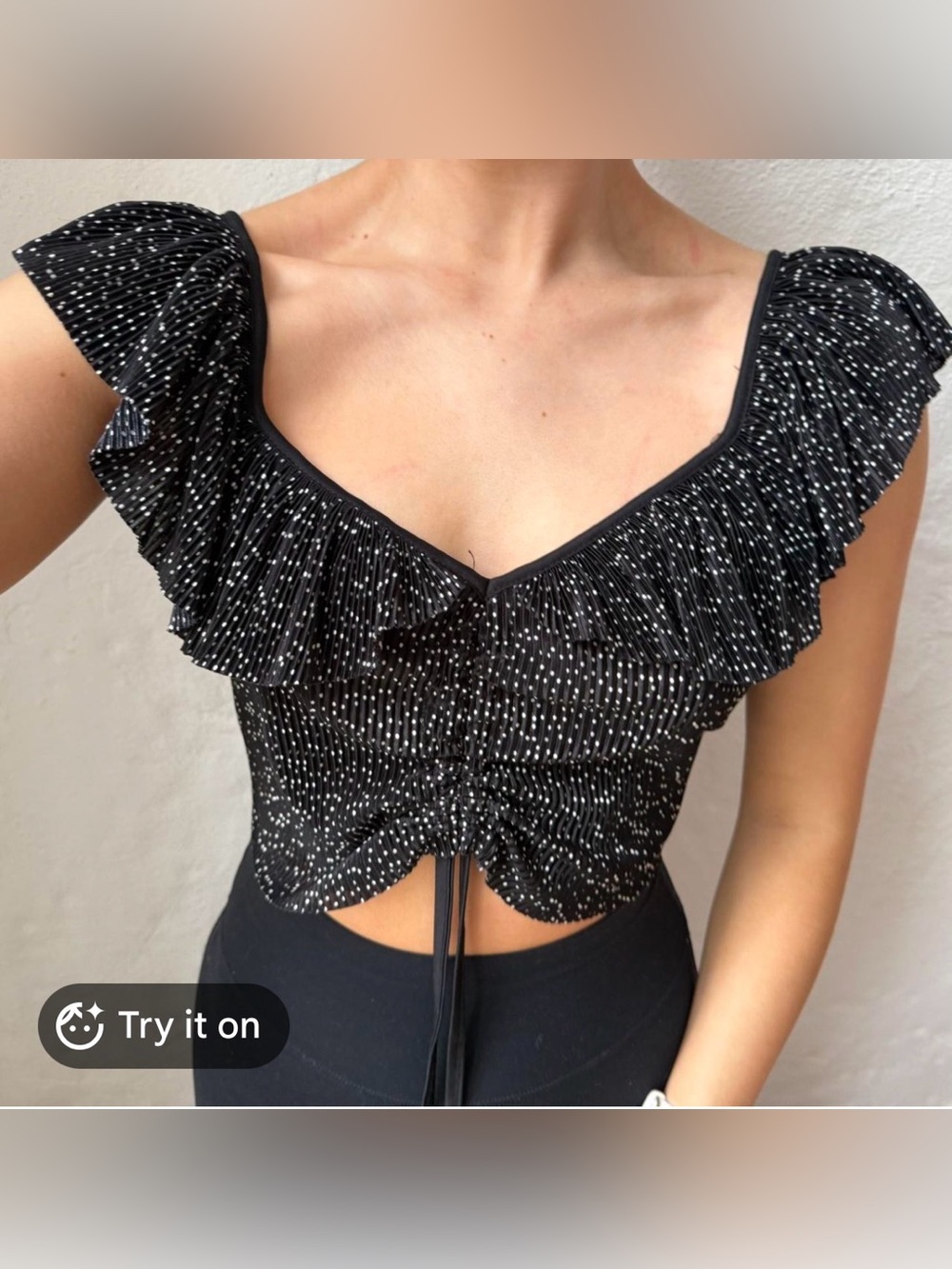 Express Black Ruffle V-Neck Crop Top off shoulder with Drawstring. Size XS